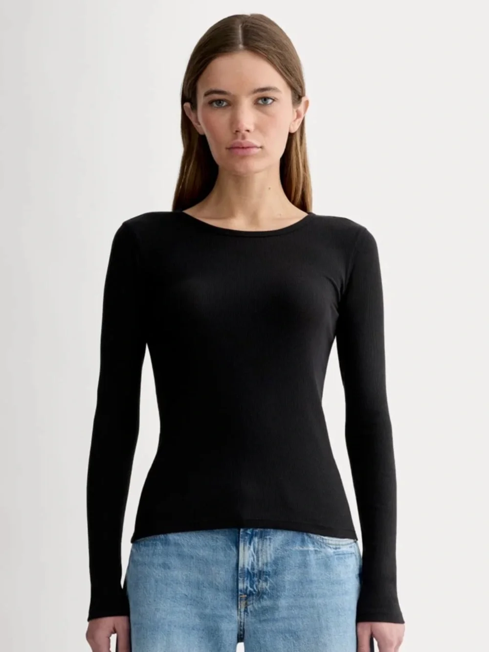 Everlane Lux Supima Micro-Rib Long Sleeve Crew Tee NWT Size Small Black Fitted - Picture 1 of 9